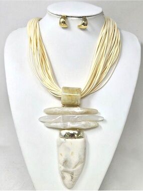 Cream Marbled Statement Necklace with Gold Accent - Women Jewelry